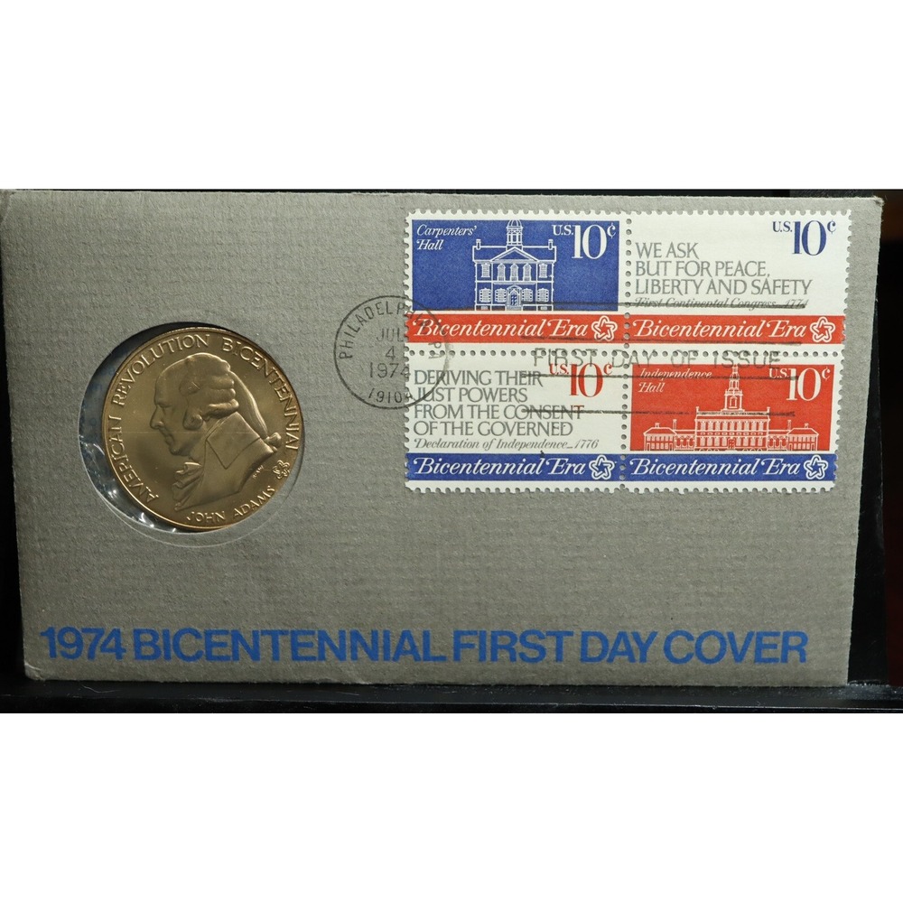 1974 BICENTENNIAL FIRST DAY COVER BRONZE MEDAL JOHN ADAMS‎ WITH STAMPS
